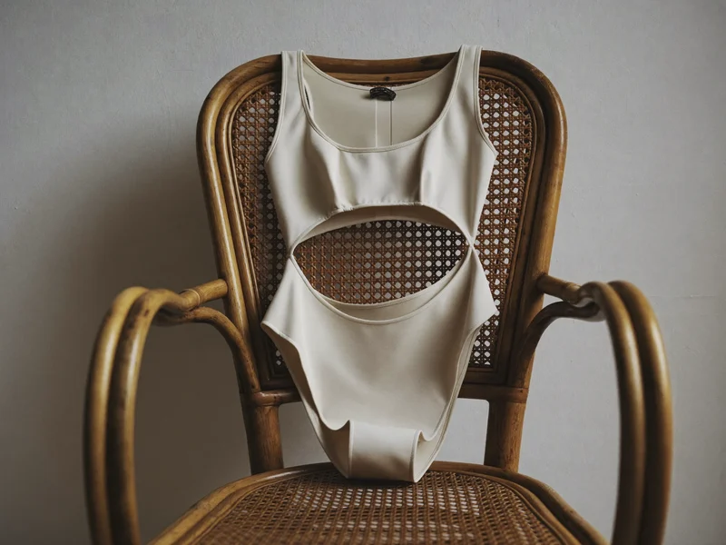 Maillot une pièce à dos ouvert présenté sur une chaise en rotin