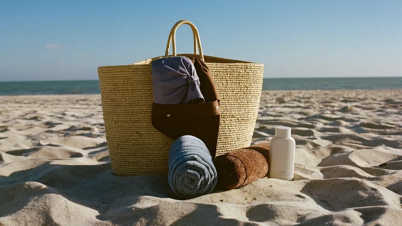 Sac de plage tressé ouvert avec maillots pliés, serviette et crème solaire neutre
